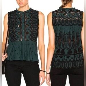 Sea New York Dark Green and Black Embroidered Sleeveless Peplum Top